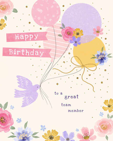 Pastel floral design with bird holding balloons, gold confetti, and “Happy Birthday” text
