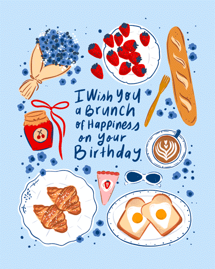 birthday elegant brunch of happiness coffee bread pastry croissant eggs strawberry flower sunglass
