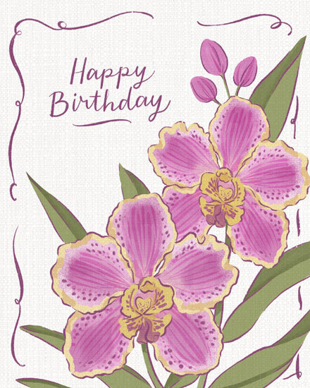 Happy Birthday text with two pink orchid flowers, green leaves, and decorative purple border