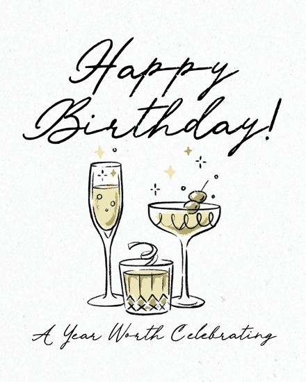 Happy Birthday script with champagne and cocktail glasses illustration and “A Year Worth Celebrating” text