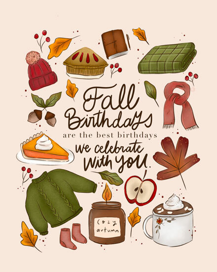 birthday fall birthdays sweater socks candle apple hot cocoa leaves scarf blanket beanie pie cake