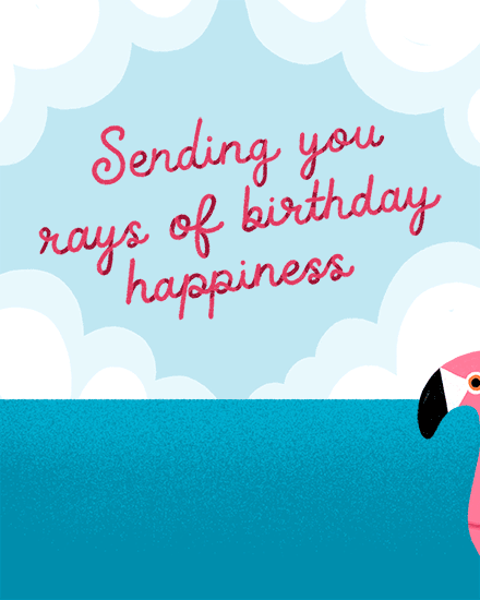 Sky-blue clouds with pink script message above teal ocean and a peeking flamingo