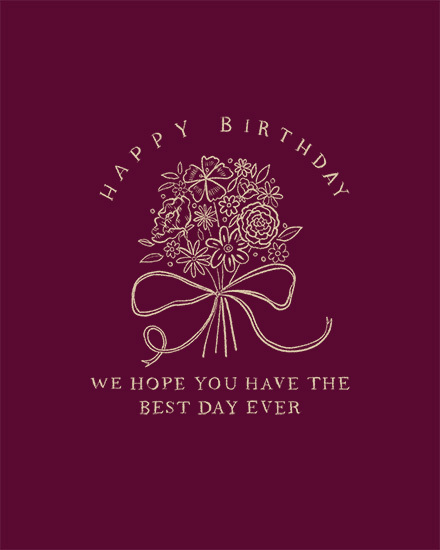 Burgundy greeting with gold floral bouquet, ribbon bow, and Happy Birthday message
