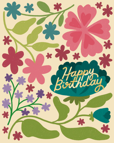 Colorful folk-art flowers and vines with teal bloom reading Happy Birthday on cream background
