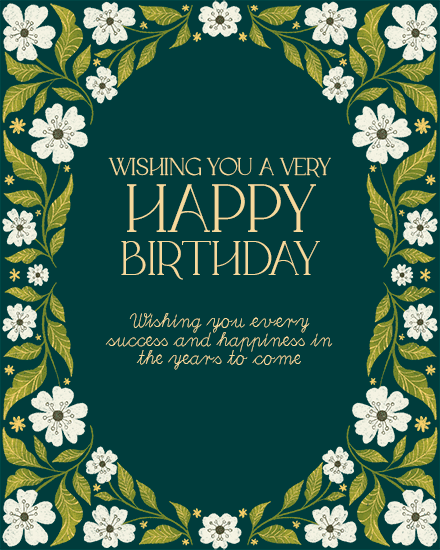 Deep teal floral border design with gold leaves and Happy Birthday message in serif type