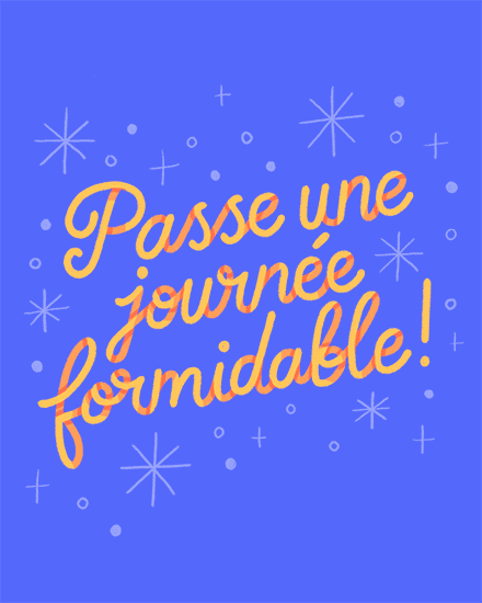 French text in yellow script on blue, with starbursts, dots, and sparkles