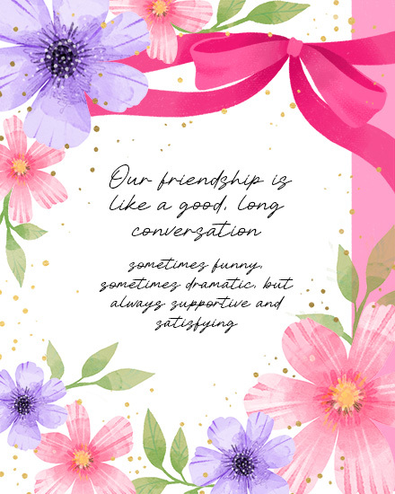 Watercolor pink and purple flowers with fuchsia ribbon and gold confetti, friendship quote centered