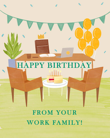 Office desk scene with bunting, balloons, cake, and text Happy Birthday From Your Work Family