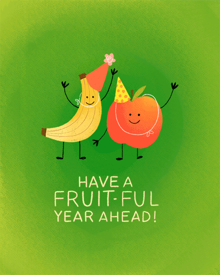 Smiling banana and apple in party hats on green background with punny message