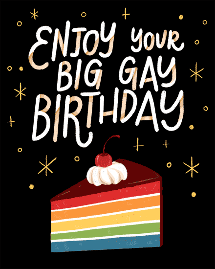 birthday card gay cake slice rainbow stars spark cherry