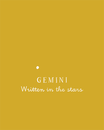Minimal mustard-gold design with white text reading “GEMINI” and “Written in the stars.”