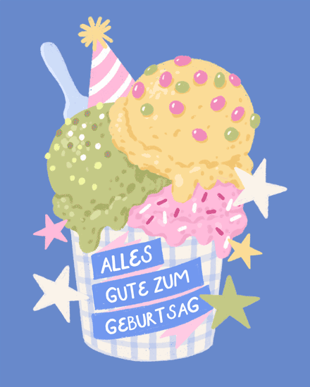 Pastel ice cream sundae with party hat and stars, German text Alles Gute zum Geburtstag