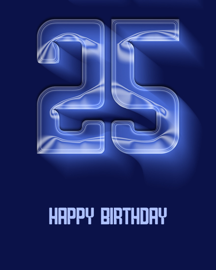 Blue neon-style number 25 on dark navy background with Happy Birthday text