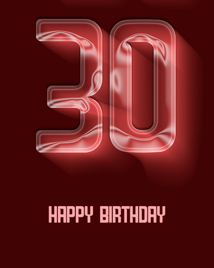 Glossy red glass number 30 on dark burgundy background with Happy Birthday text