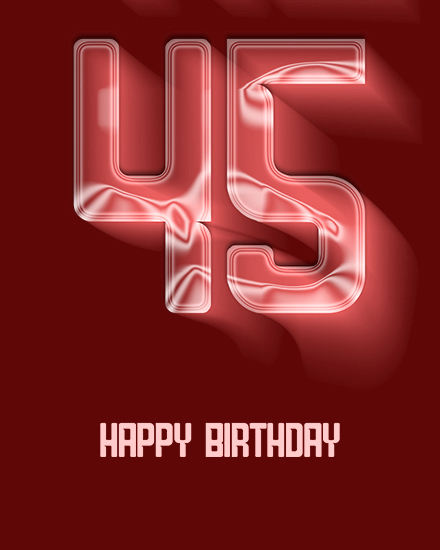 Large glossy “45” on deep red background with white Happy Birthday text below