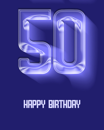 Glowing neon-style number 50 above bold HAPPY BIRTHDAY text on deep blue background