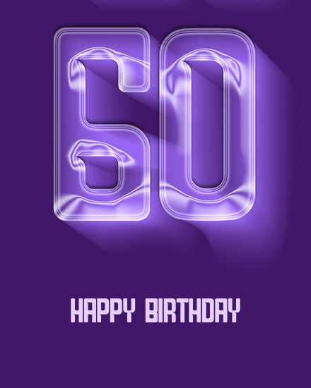Glowing purple neon number 60 on dark purple background with Happy Birthday text
