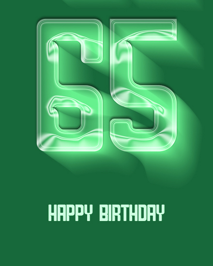 Green design with glowing neon 65 above white HAPPY BIRTHDAY text