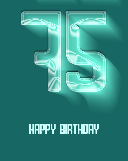 Large glowing aqua number 75 above HAPPY BIRTHDAY text on deep teal background