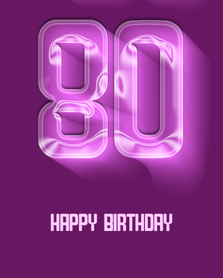 Glowing pink neon-style number 80 on purple background with Happy Birthday text