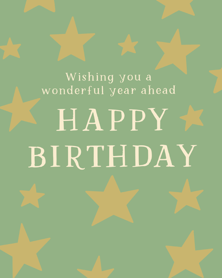 Sage green design with golden stars and cream text: Wishing you a wonderful year ahead, Happy Birthday