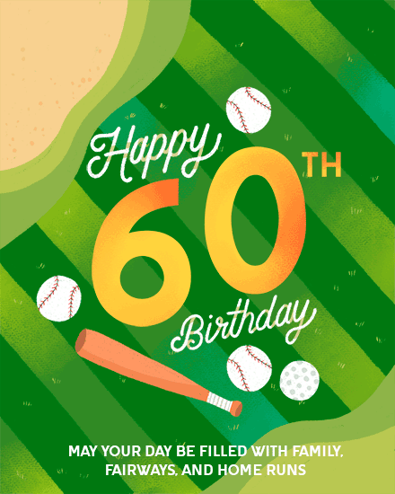 Green sports-themed Happy 60th Birthday design with baseballs, bat, golf ball, and striped field background