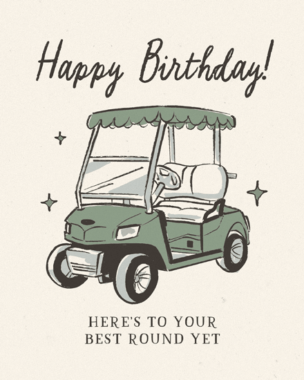 Hand-drawn green golf cart with sparkles and “Happy Birthday” text on beige background