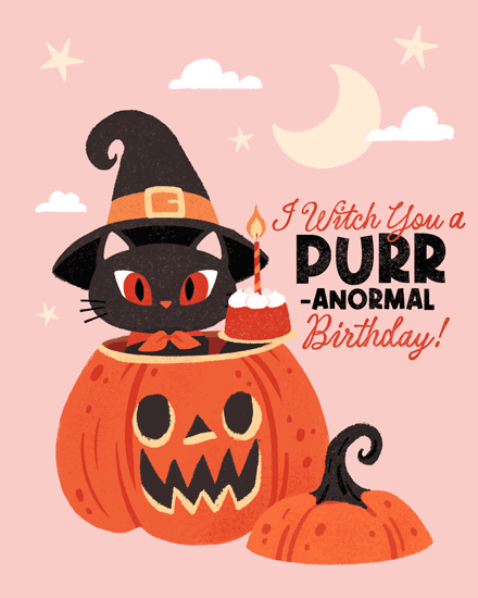 Black cat in a witch hat inside a pumpkin with birthday cake.