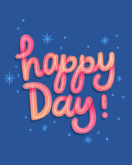 Pink and peach “happy Day!” hand lettering on blue background with starbursts and dots