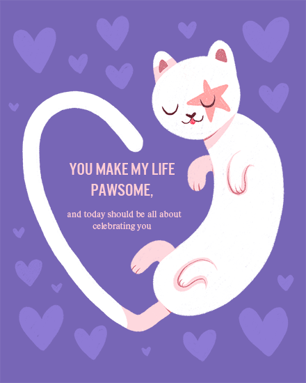 Illustrated cat with a star eye on purple heart background with text.
