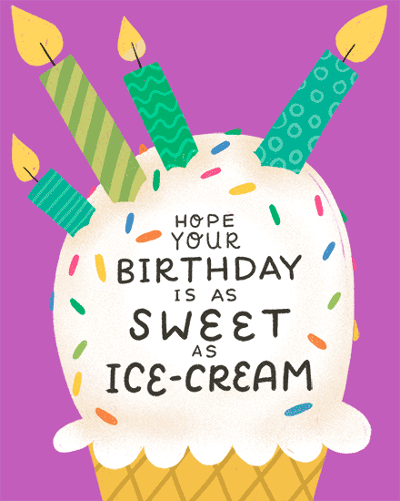 Ice-cream cone with sprinkles and three candles, purple background, sweet birthday message