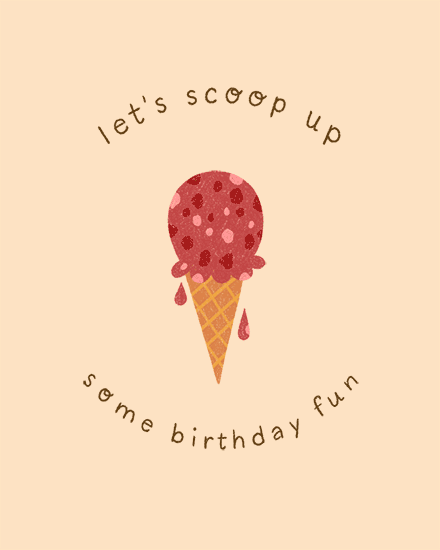 Strawberry ice cream cone with drips on peach background and curved birthday text