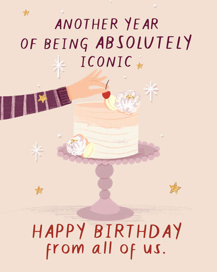 Illustrated cake on pedestal with stars and text about being absolutely iconic and happy birthday
