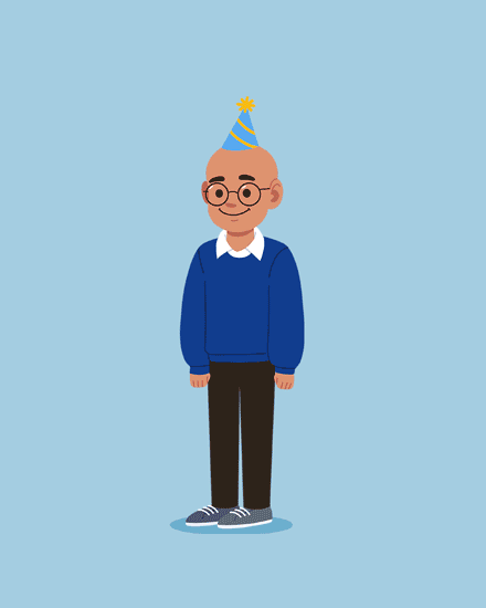 Minimal illustration of smiling person in blue sweater with striped party hat on light blue background