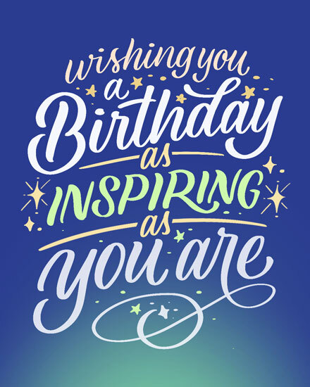 Hand-lettered quote on blue-green gradient with stars: Wishing you a Birthday as inspiring as you are