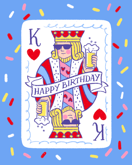 Illustrated king of hearts with sunglasses and beer, HAPPY BIRTHDAY banner, confetti blue background