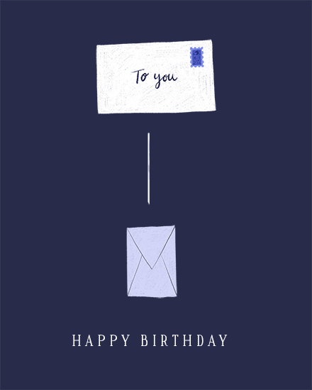 Navy minimalist design with two envelopes, “To you” note, and HAPPY BIRTHDAY text