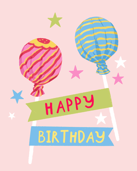 Pastel pink design with two balloon lollipops, star confetti, and HAPPY BIRTHDAY banners