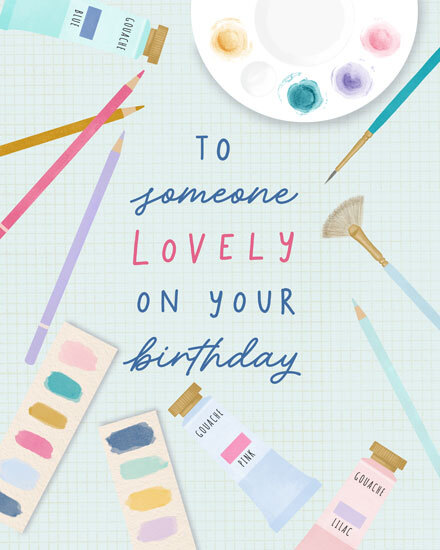 Art-themed design with grid background, paint palette, brushes, swatches, and “someone lovely” text