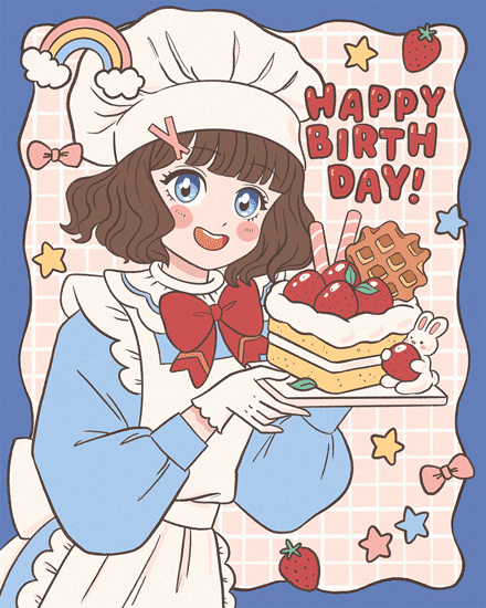 birthday manga anime cake baker strawberry rainbow bunny ribbon star
