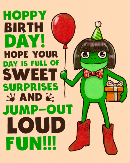 Cartoon frog in party hat holding balloon and gift, with bold Hoppy Birth Day text