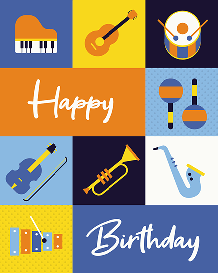 birthday musical instruments trumpet saxophone violin guitar piano drums xylophone maracas band instrument