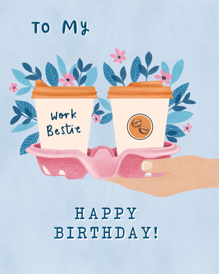 Watercolor design with two coffee cups in pink carrier, “Work Bestie” text, floral accents