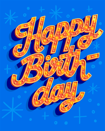 Bright blue greeting with orange-yellow dotted “Happy Birth-day” script and starburst accents