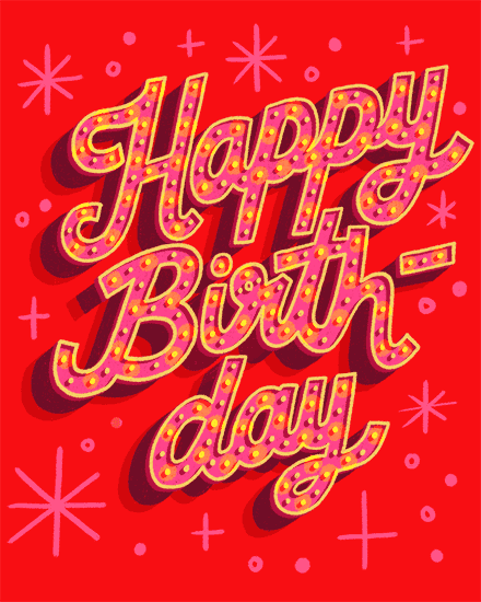Bright red greeting with pink and yellow “Happy Birth day” lettering, confetti and starbursts