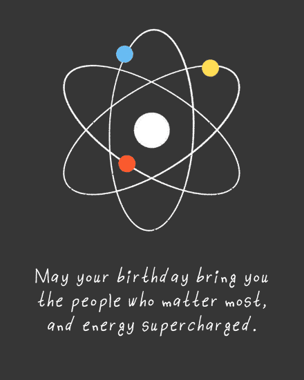 Minimal atom graphic with colorful electrons above handwritten message on dark background