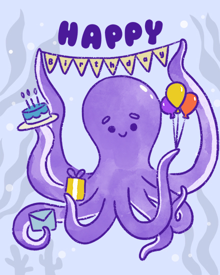 Cute purple octopus holding balloons, gift, cake, and envelope under Happy bunting