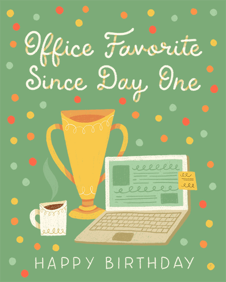Green confetti background with trophy, laptop, coffee mug, and “Office Favorite Since Day One” text