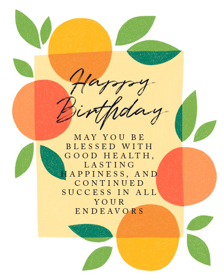 Happy Birthday blessing design with citrus circles, green leaves border, and cream text panel