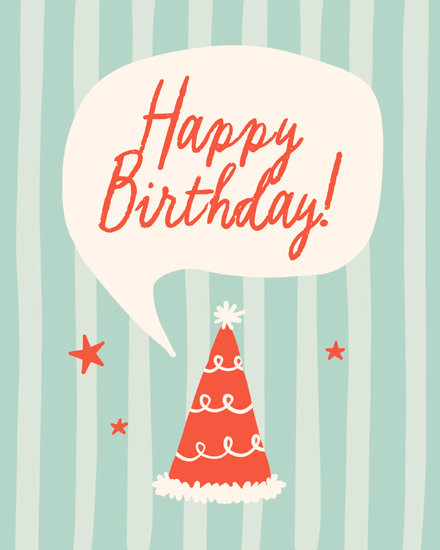 Happy Birthday text in speech bubble over mint stripes, red party hat and small stars